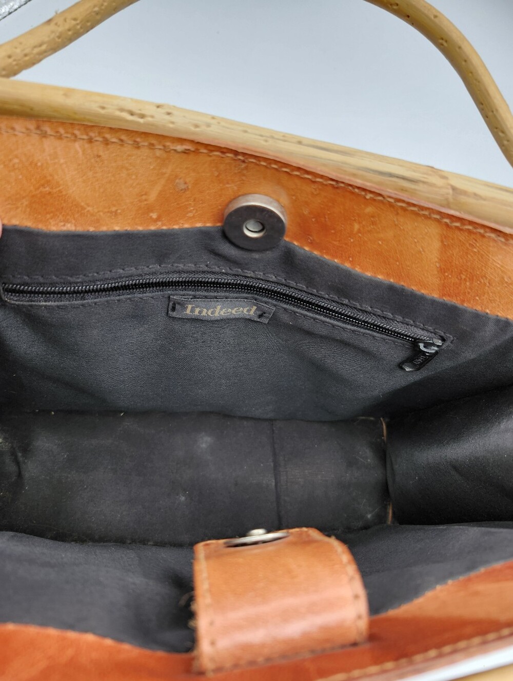 Hand-Tooled Handpainted Vintage Floral Leather Satchel with Wood  Handle  Brown - Picture 9 of 10